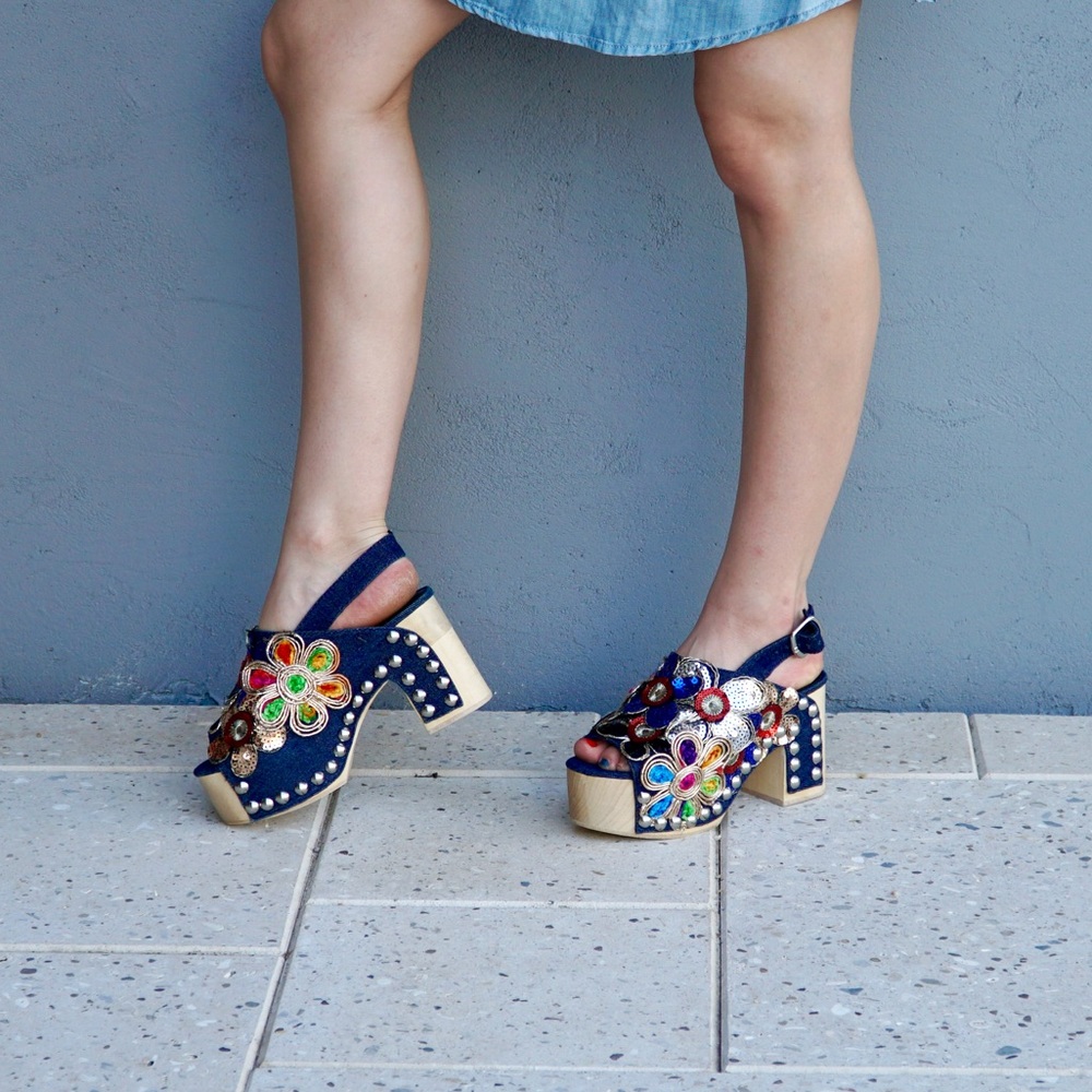 Jeffrey Campbell Navy Platform Sandals with Multicolor Floral Embellishments - Picture 3 of 4